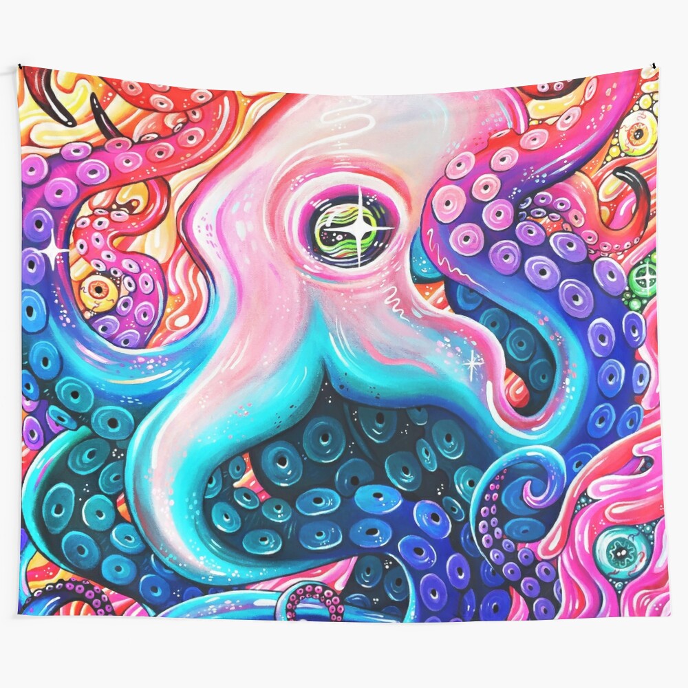 Colorful and psychedelic octopus tapestry with vibrant tentacles and eyes