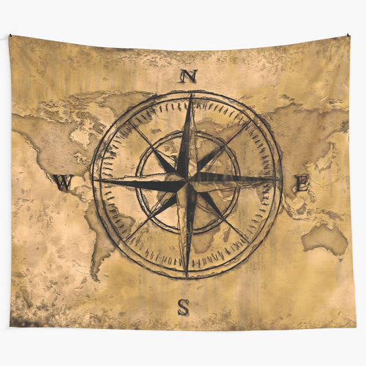 Vintage world map and compass rose tapestry wall art