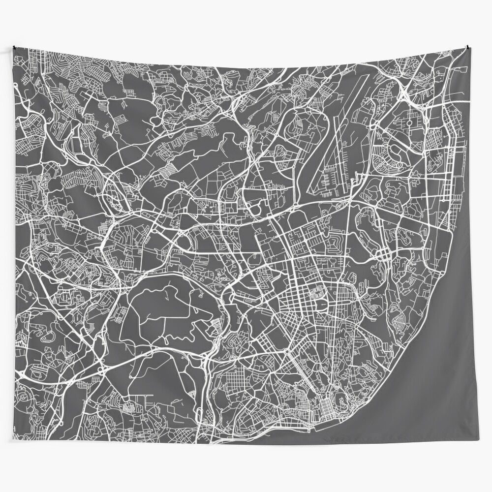 Gray Lisbon, Portugal Map Tapestry Wall Art