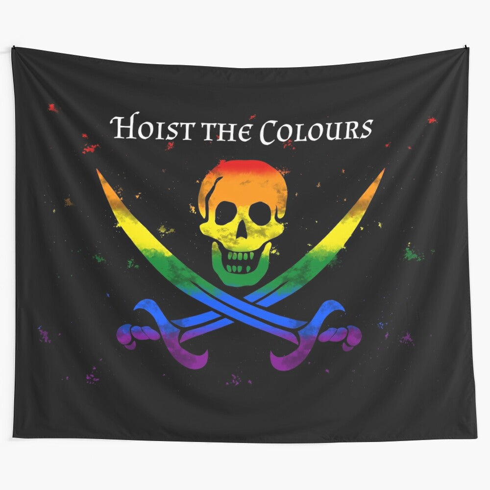 Colorful rainbow pirate flag tapestry with skull and crossbones design