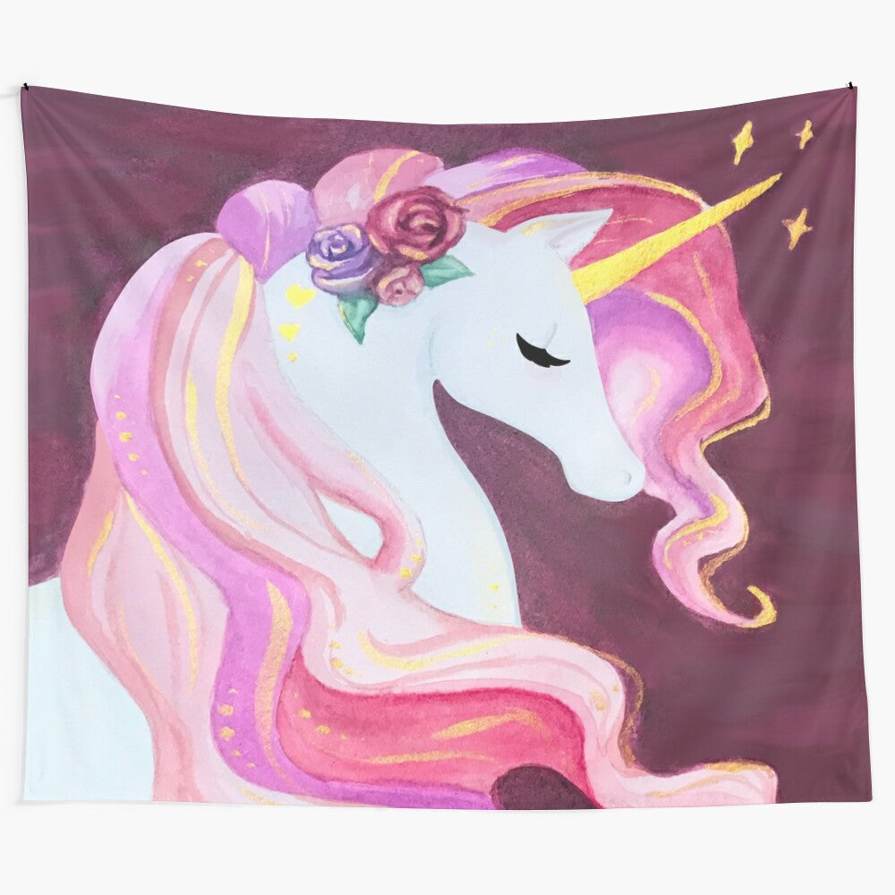 Watercolor painting of a beautiful pink, purple, and white unicorn with floral elements for Valentine's Day