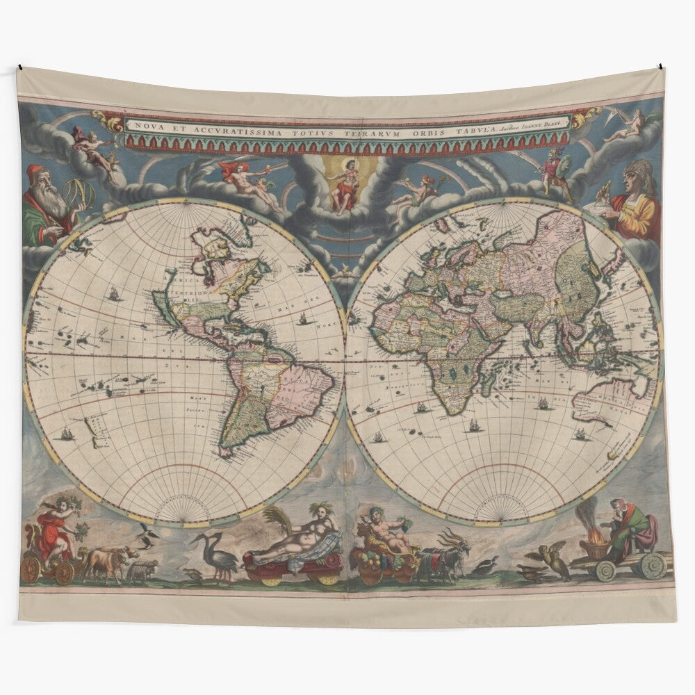 Detailed antique world map tapestry depicting historical geography