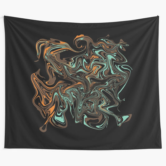 Abstract tapestry featuring swirled earthly tones and a liquid artistic design