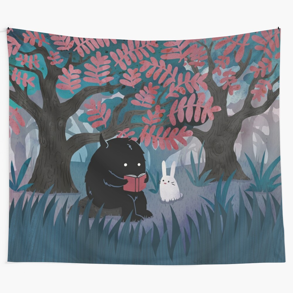 A watercolor tapestry depicting a quiet, peaceful scene with a monster, bunny, and forest surroundings, perfect for book lovers and nature enthusiasts.