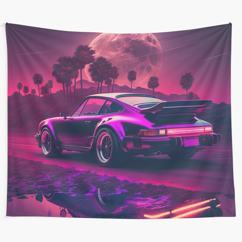 Retro Porsche Synthwave Tapestry featuring a full moon and vintage car