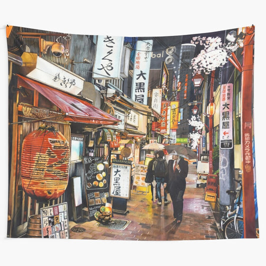 Tapestry depicting a rainy night scene in Tokyo, Japan with modern and industrial architecture