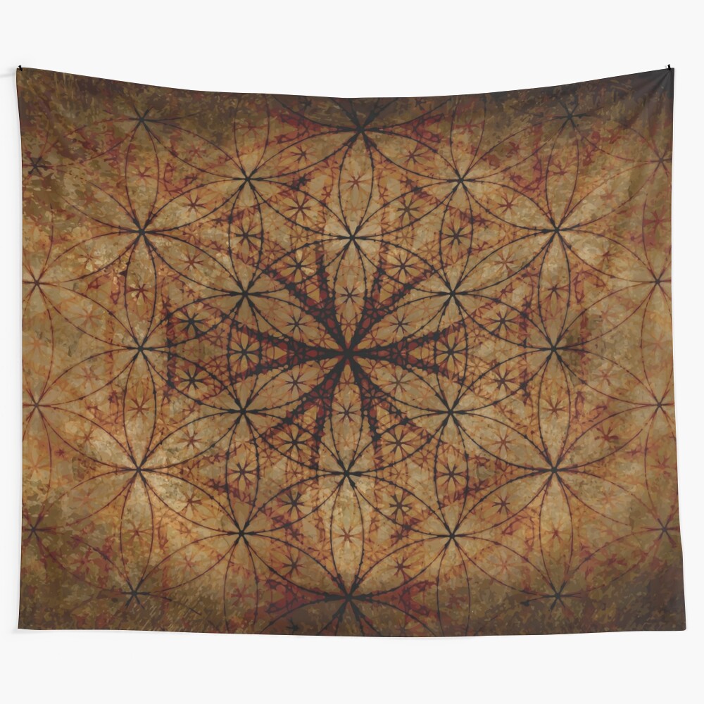 Vibrant tapestry featuring sacred geometric patterns and natural elements