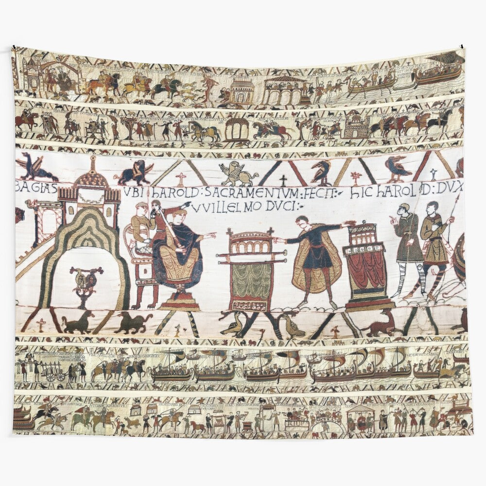 Detailed image of the Bayeux Tapestry depicting Harold's oath to William, the Norman conquest of England