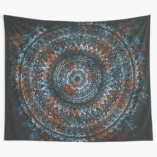 Fractured mandala tapestry with geometric shapes and vibrant colors