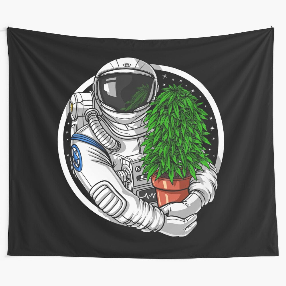 Psychedelic astronaut smoking cosmic marijuana on trippy tapestry