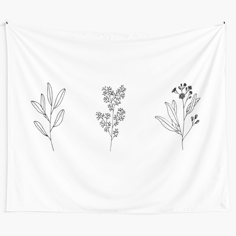 Elegant black and white flower stickers tapestry with delicate petals and leaves