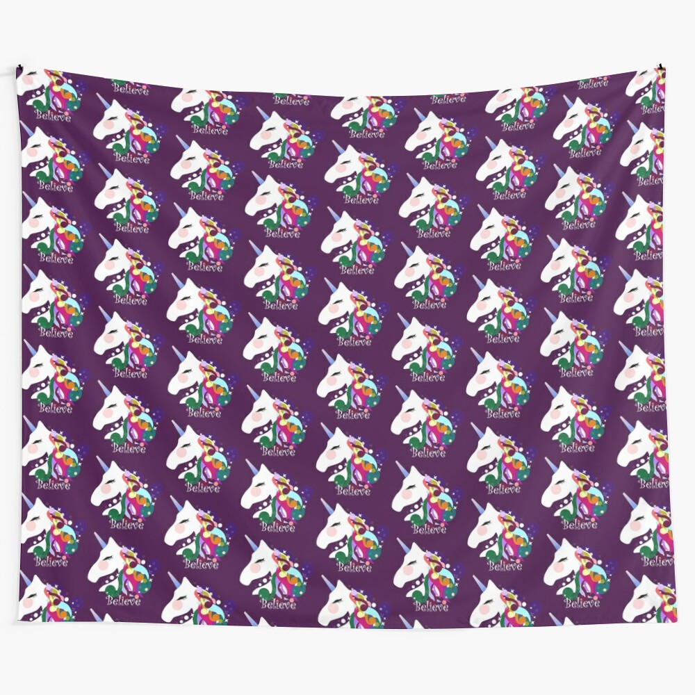 Colorful unicorn tapestry with rainbow and whimsical design