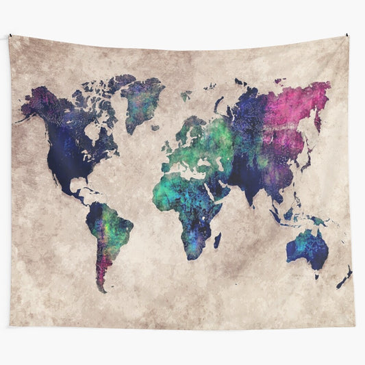 Watercolor world map tapestry with typographic elements