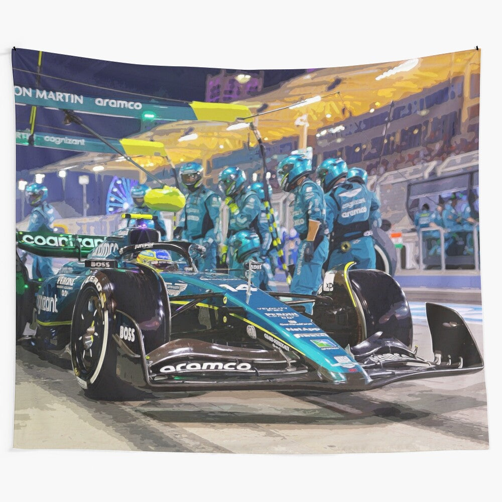 Formula 1 tapestry depicting Fernando Alonso's pitstop at the 2023 Bahrain Grand Prix