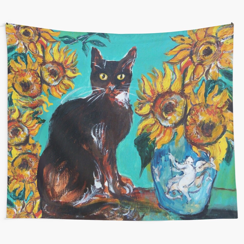 Colorful sunflowers and black cat in blue turquoise vase floral tapestry