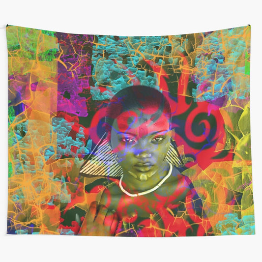 Jungle tapestry featuring abstract, colorful patterns and lush foliage