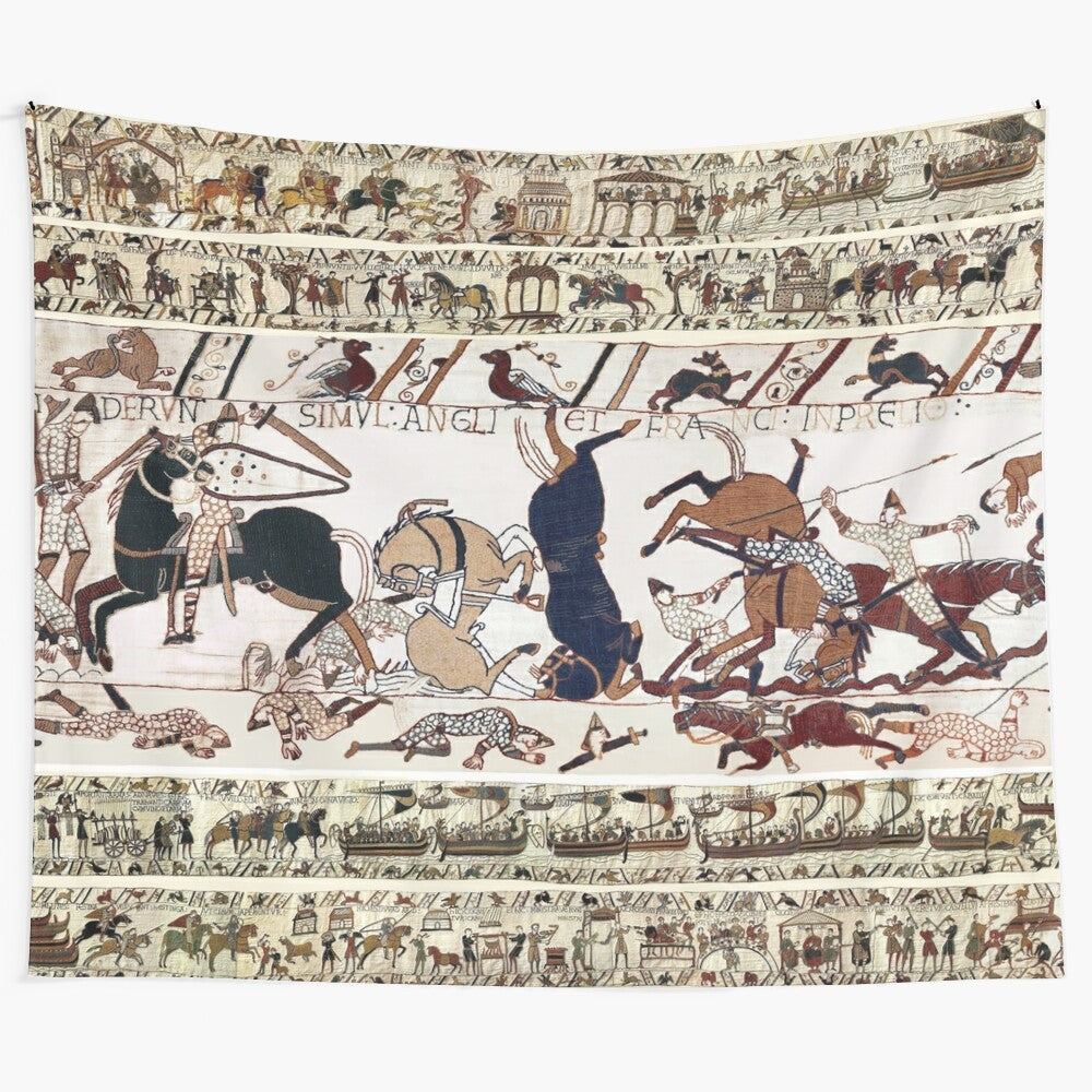 Vintage medieval tapestry depicting Norman knights and war horses in epic combat scene