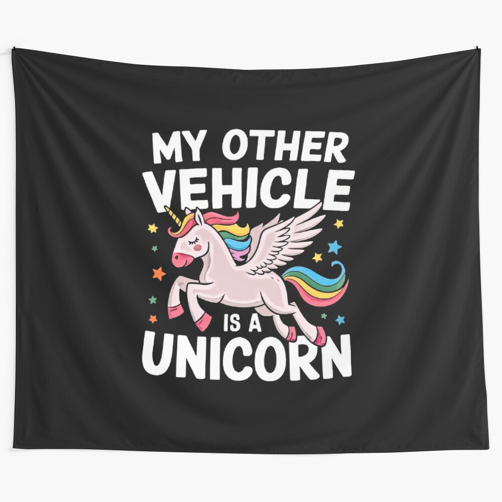 Unicorn tapestry featuring a colorful, whimsical fantasy illustration of a winged unicorn against a backdrop of rainbows and stars