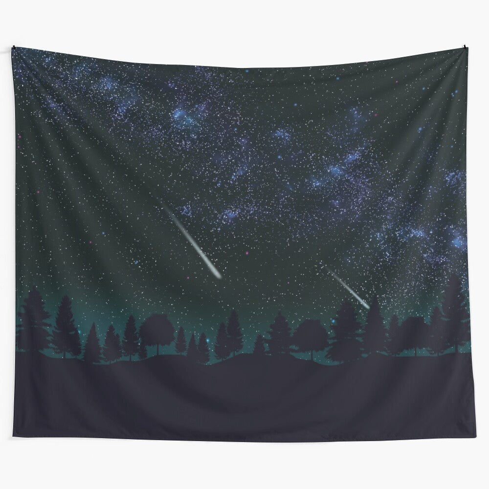 Cosmic landscape tapestry featuring the Milky Way, forest, and a meteor shower