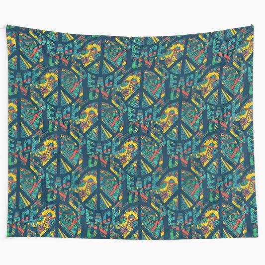 Colorful hippie tapestry with peace signs and flower motifs