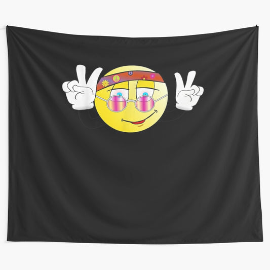 Vibrant hippie smiley face tapestry with peace symbols and emoji