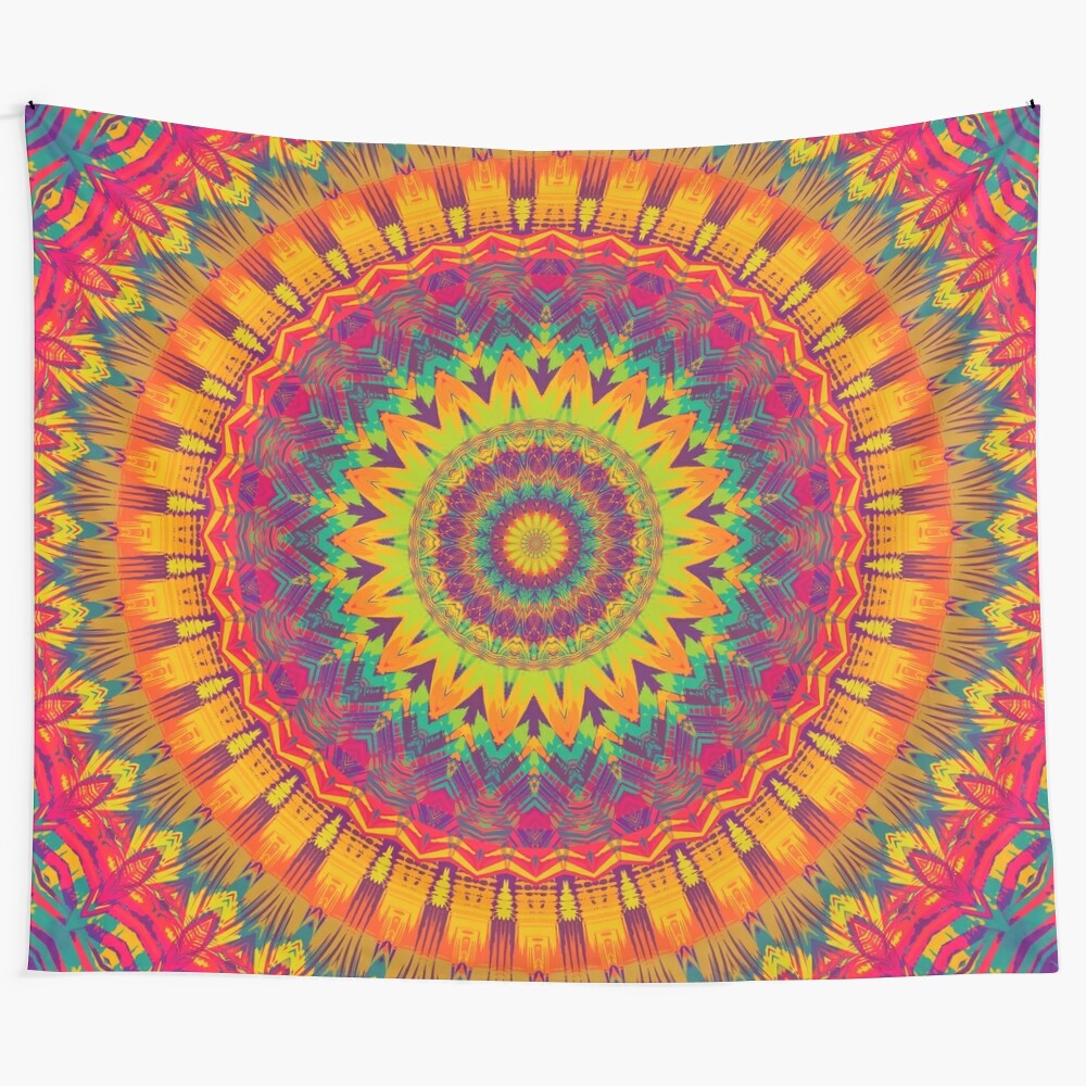 Colorful mandala tapestry with sacred geometry design