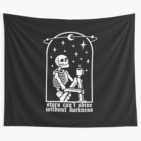 Ethereal night sky tapestry with skull, stars, and inspirational quote