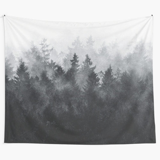 Enchanted forest tapestry featuring autumn nature landscape with fog, trees, and gothic ravencore aesthetics