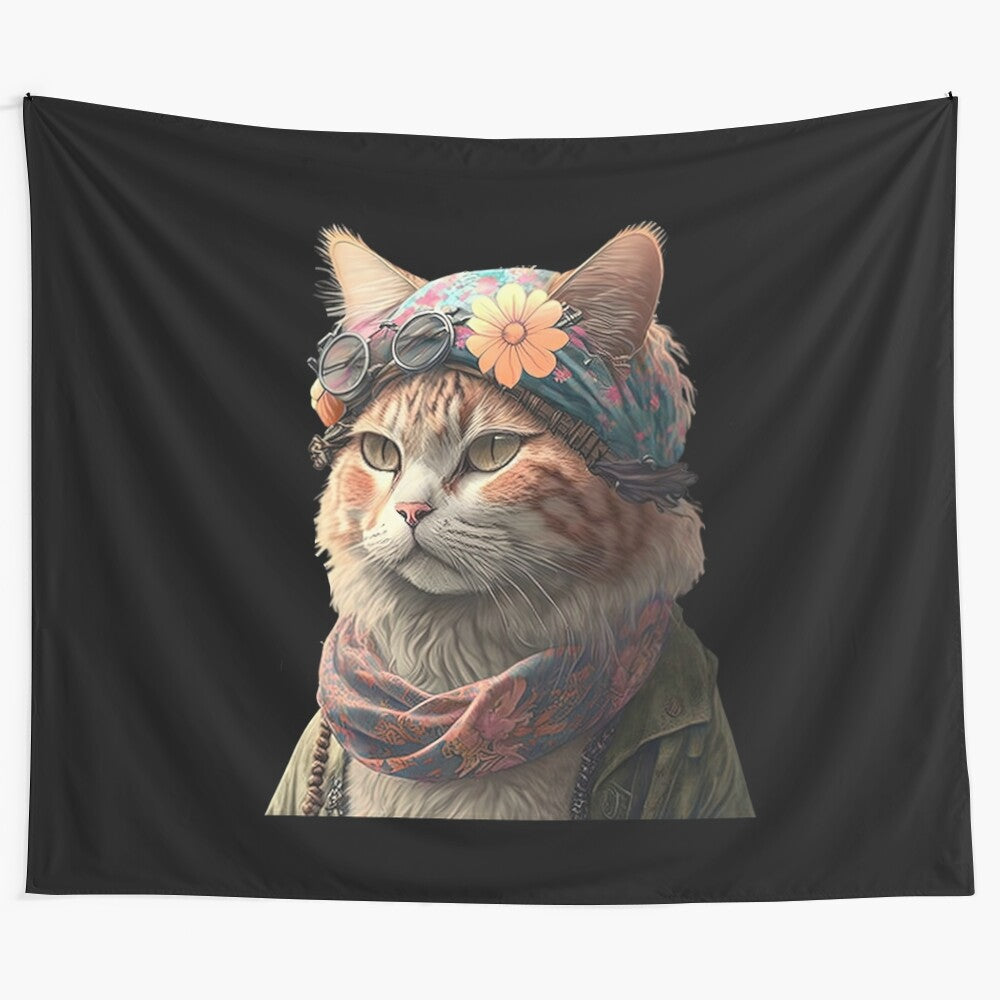 Hippie kitten tapestry featuring a cat in a flower crown and sunglasses