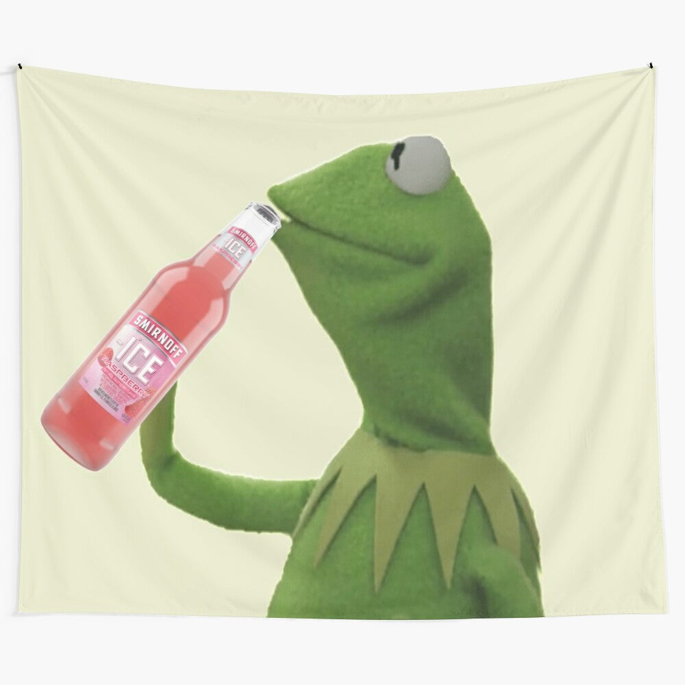 Kermit the Frog-themed tapestry featuring alcohol and college party imagery