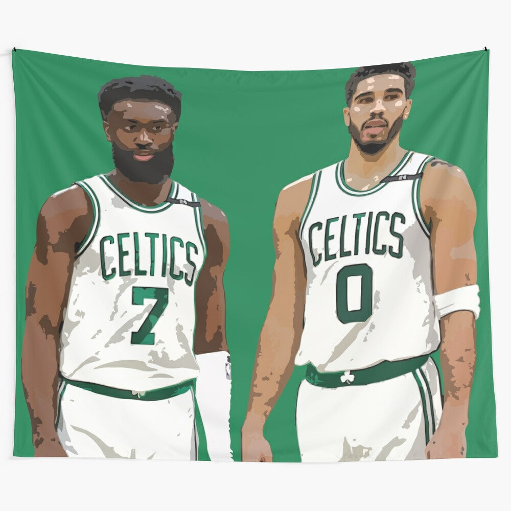 Tapestry with images of Boston Celtics players Jayson Tatum and Jaylen Brown