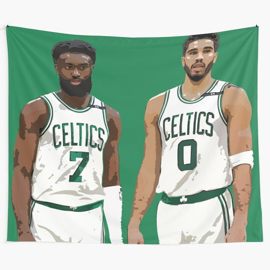 Tapestry with images of Boston Celtics players Jayson Tatum and Jaylen Brown