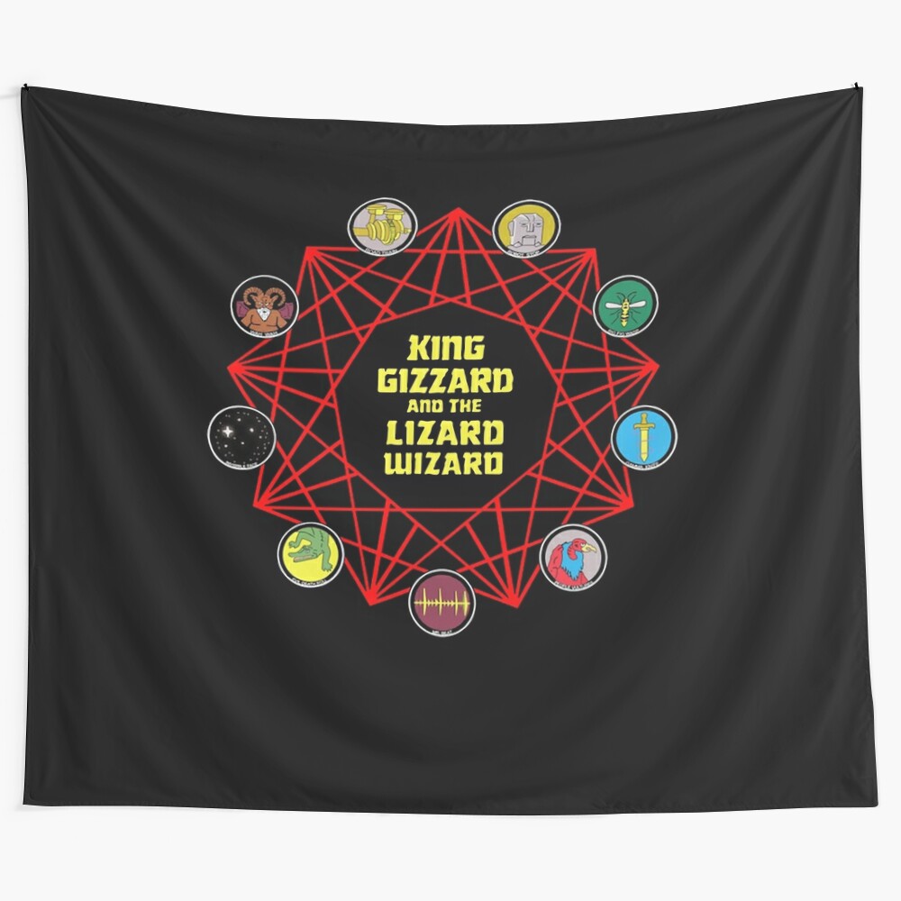 Tapestry featuring psychedelic symbols and patterns inspired by the music of King Gizzard and the Lizard Wizard