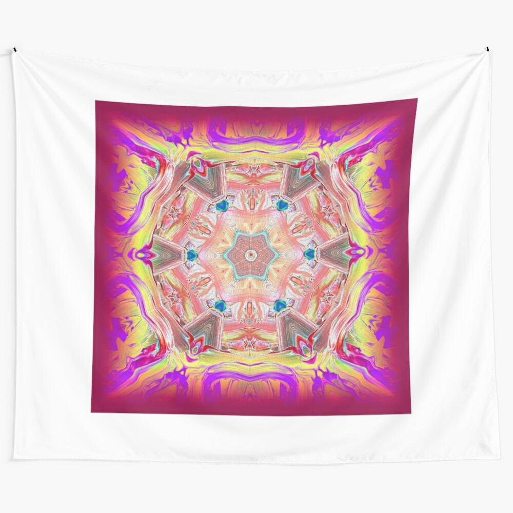 Colorful abstract tapestry featuring a red star, fire, and galaxy design