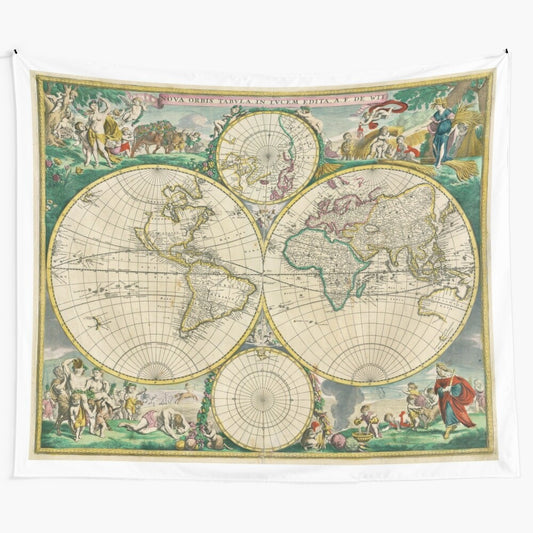 Vintage-inspired world map tapestry with historical cartography