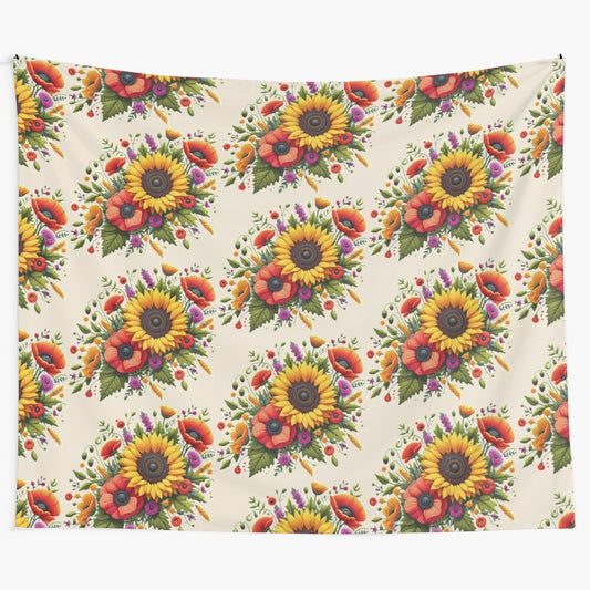 Bouquet of colorful sunflowers and poppies in a tapestry wall hanging