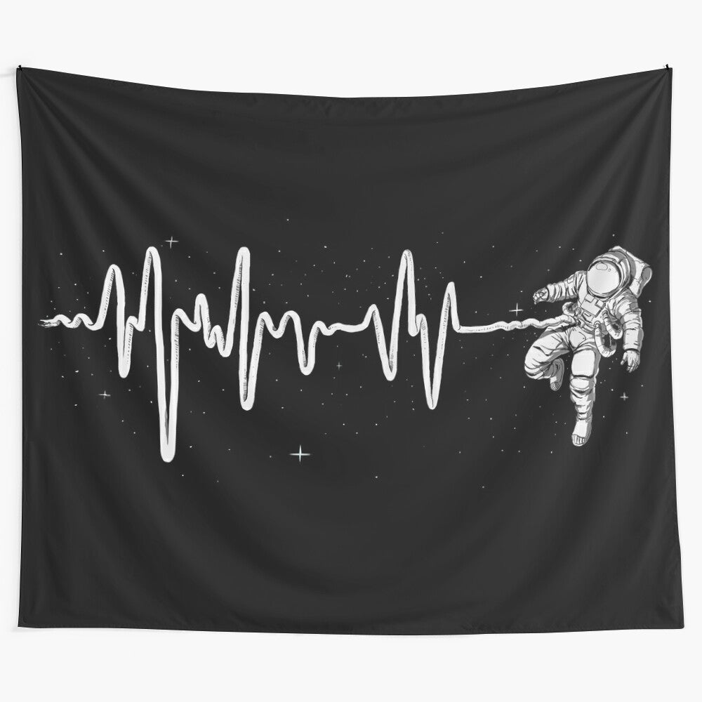 Surreal space art tapestry featuring a heartbeat design with celestial elements