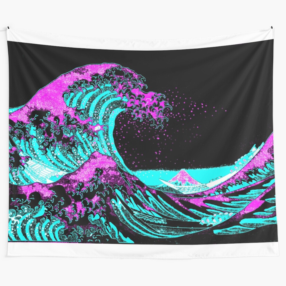 Vaporwave-style tapestry featuring minimalist Japanese Mount Fuji artwork