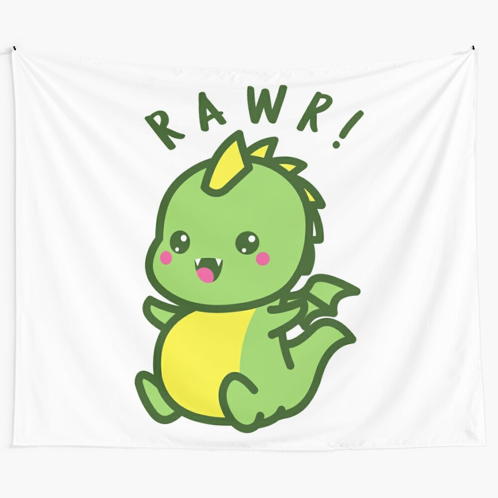 Cute kawaii dinosaur tapestry featuring a happy, adorable baby dinosaur