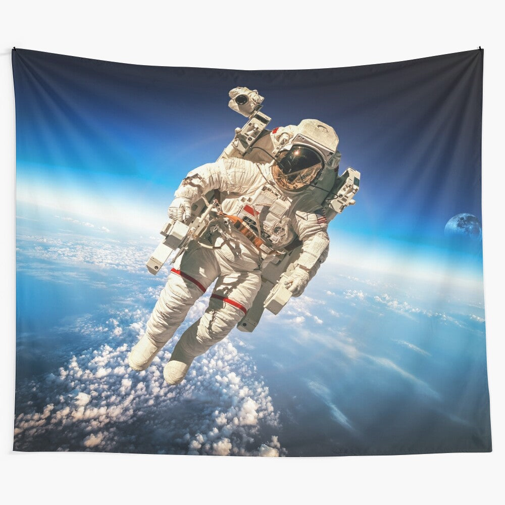 Stunning tapestry depicting an astronaut in orbit against the backdrop of the Earth and cosmos