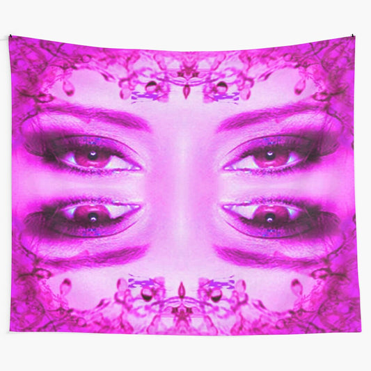 Vibrant abstract purple tapestry wall hanging featuring psychedelic patterns