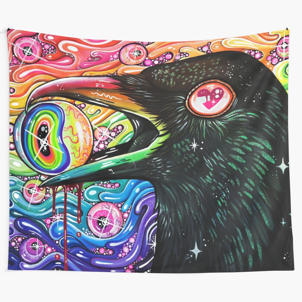 Vibrant creepy crow tapestry featuring a psychedelic, glittery bird design