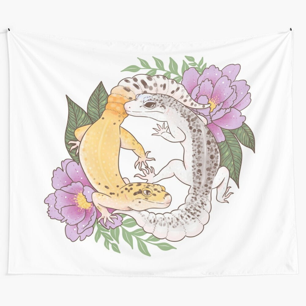 Leopard gecko and peony floral tapestry wall art