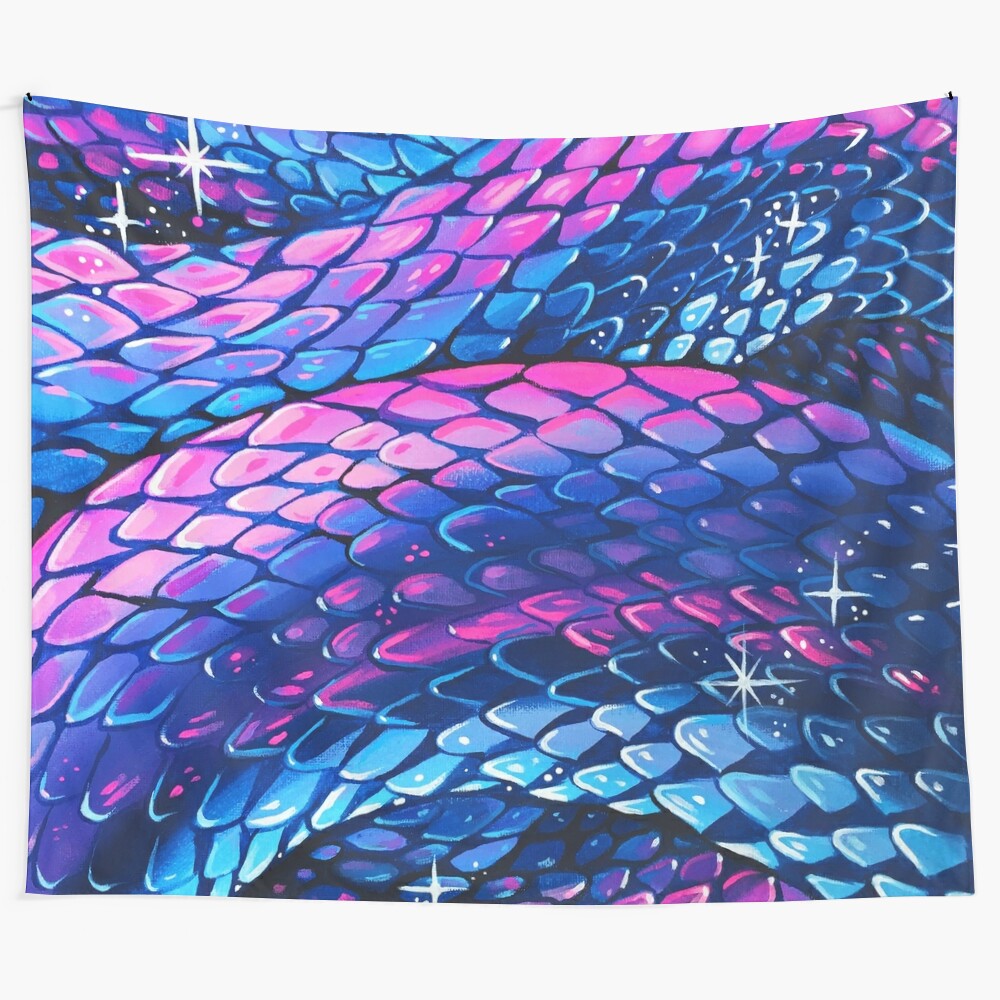 Slither tapestry with a vibrant, scaly pattern in shades of pink, blue, and sparkles