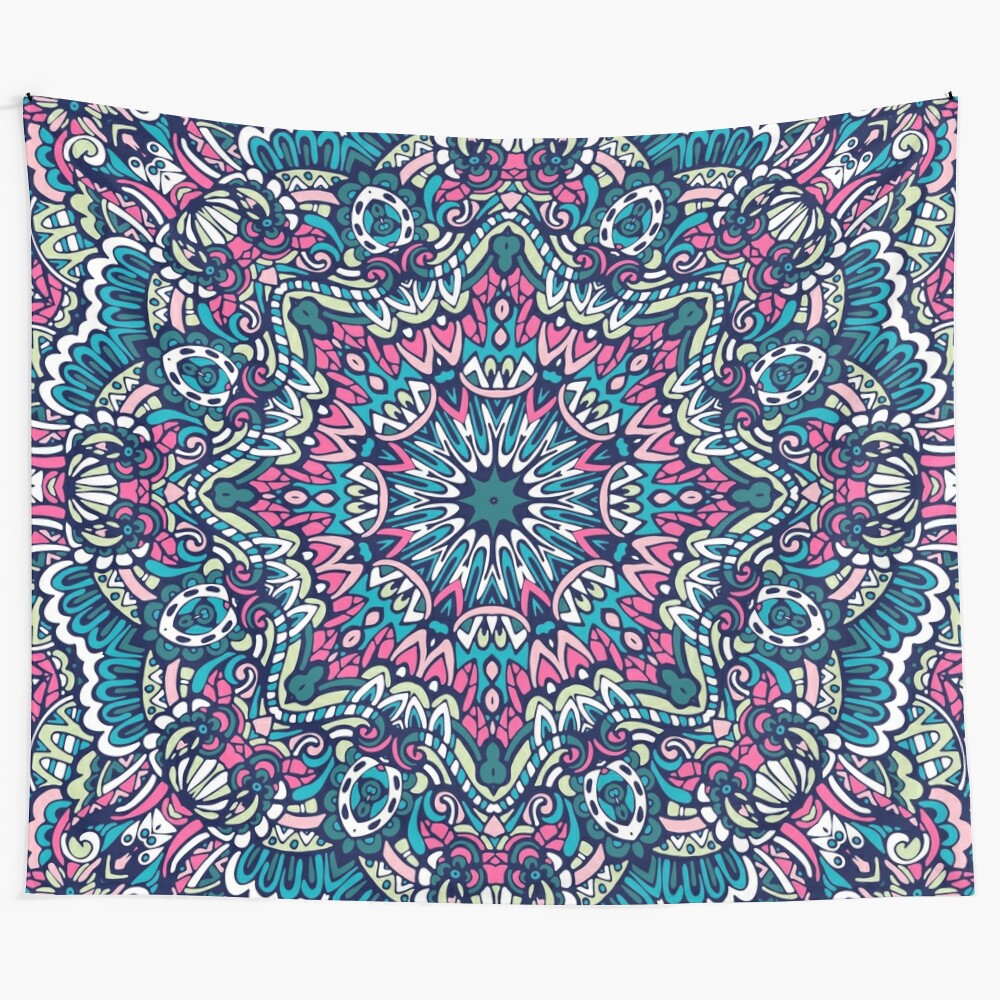 Colorful mandala tapestry with sacred geometry design