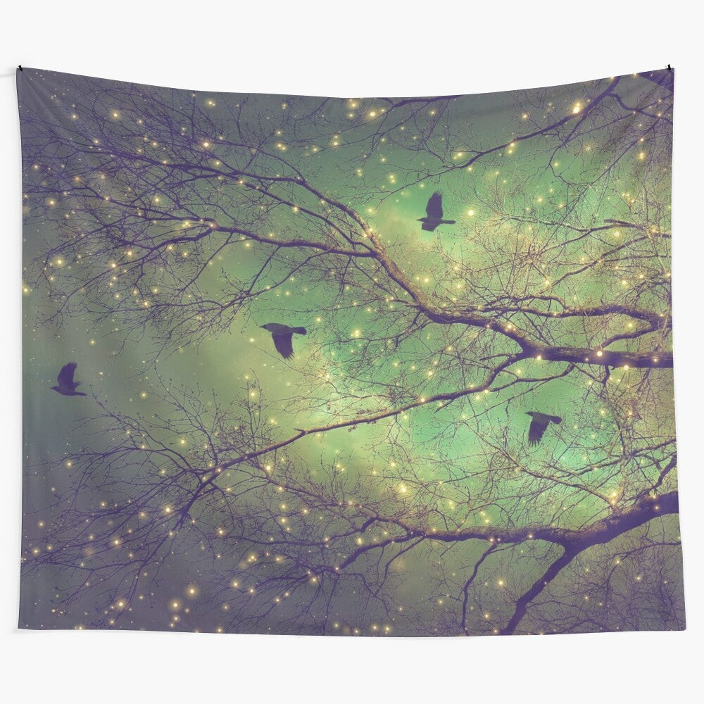 Captivating tapestry featuring a magical woodland scene with trees, dusk and dawn lighting