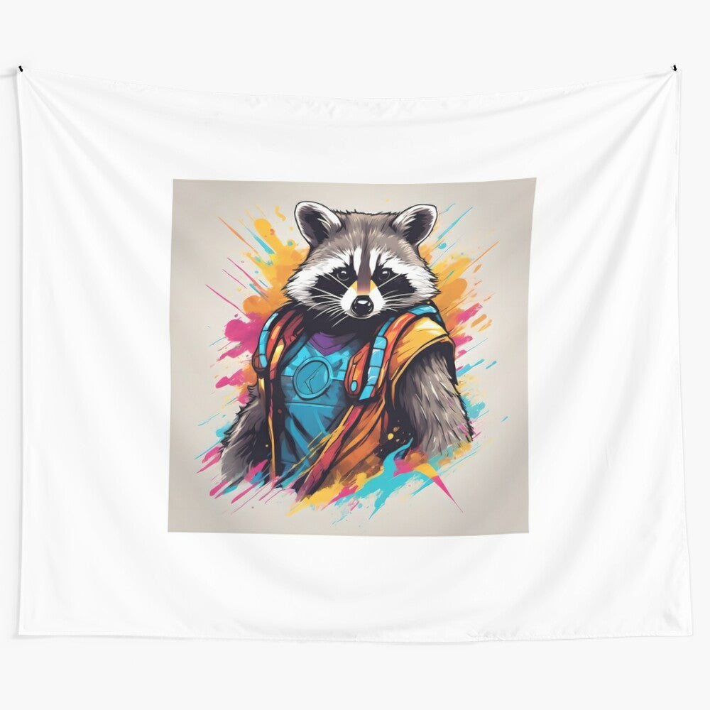 Whimsical digital art illustration of a superhero raccoon character