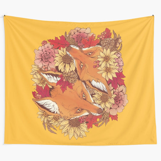 Autumn fox tapestry with red foxes, sunflowers, and fall foliage