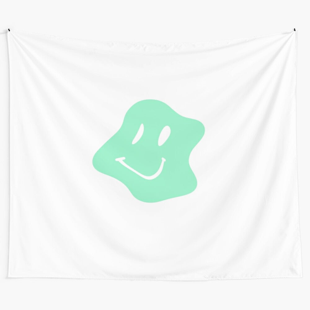 Vibrant hippie-inspired tapestry featuring a groovy green smiley design