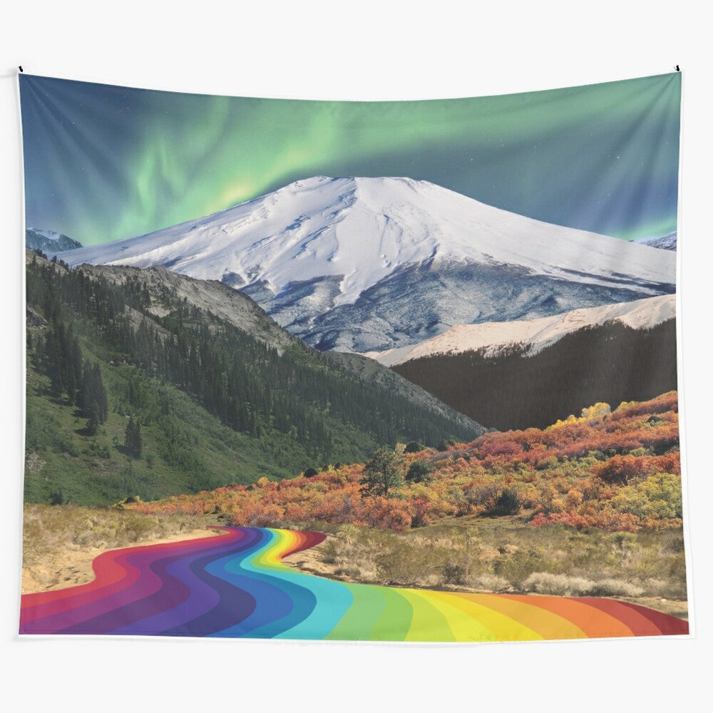 Colorful landscape tapestry featuring northern lights, mountains, and outdoor scenery